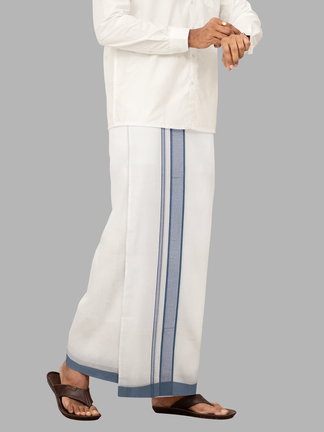 Men LightBlue Fancy Border Double Layer White Dhoti RP5