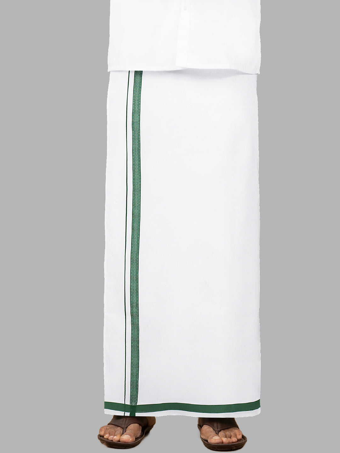 Men Green Fancy Border Single Layer White Dhoti PF01