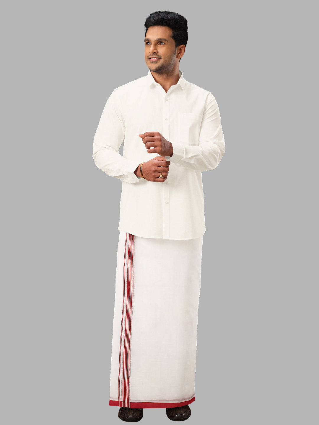 Men Red Fancy Border Double Layer White Dhoti RF02