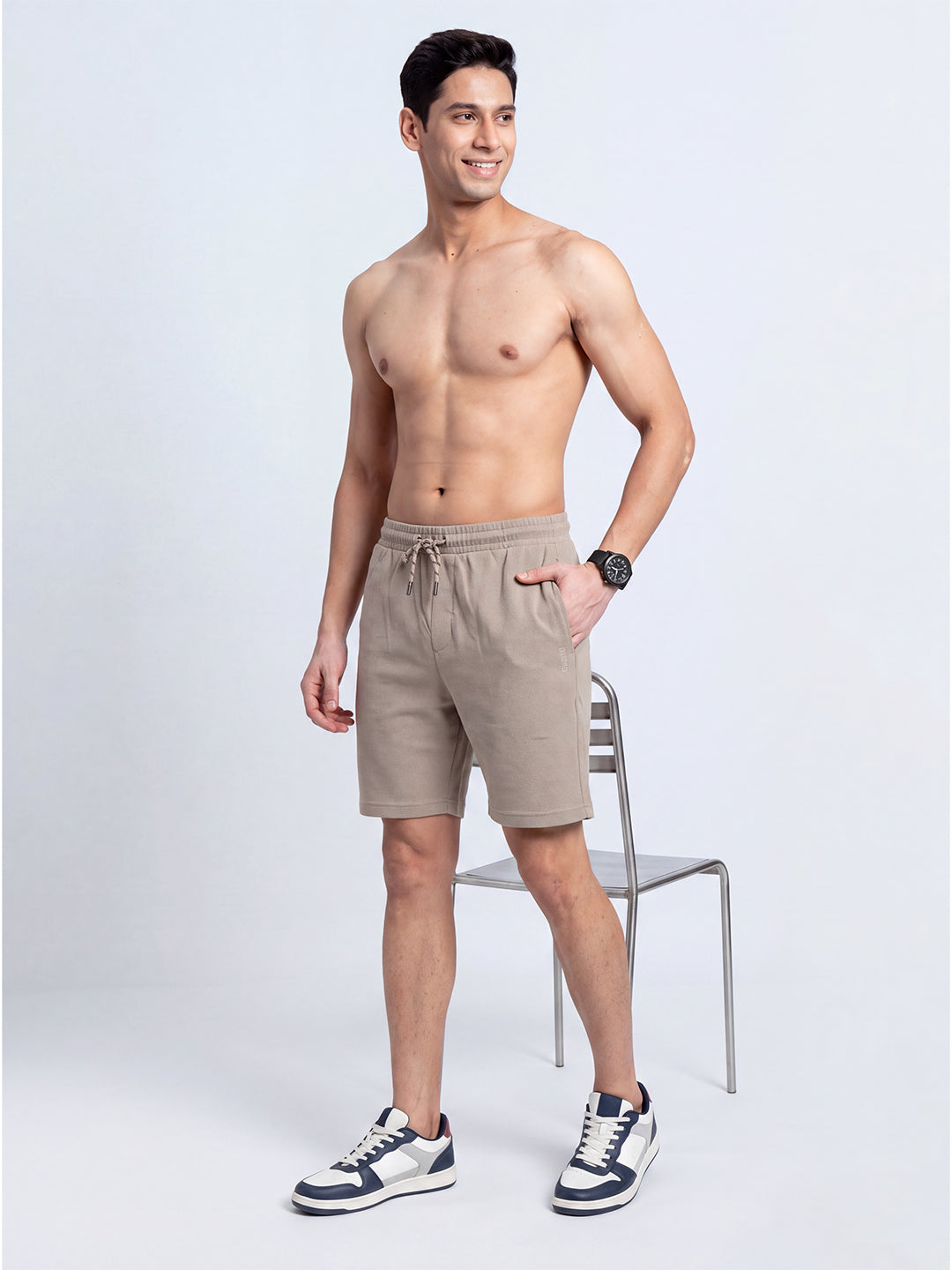 Cotton Rich Popcorn Structured Fabric Beige Shorts PS2