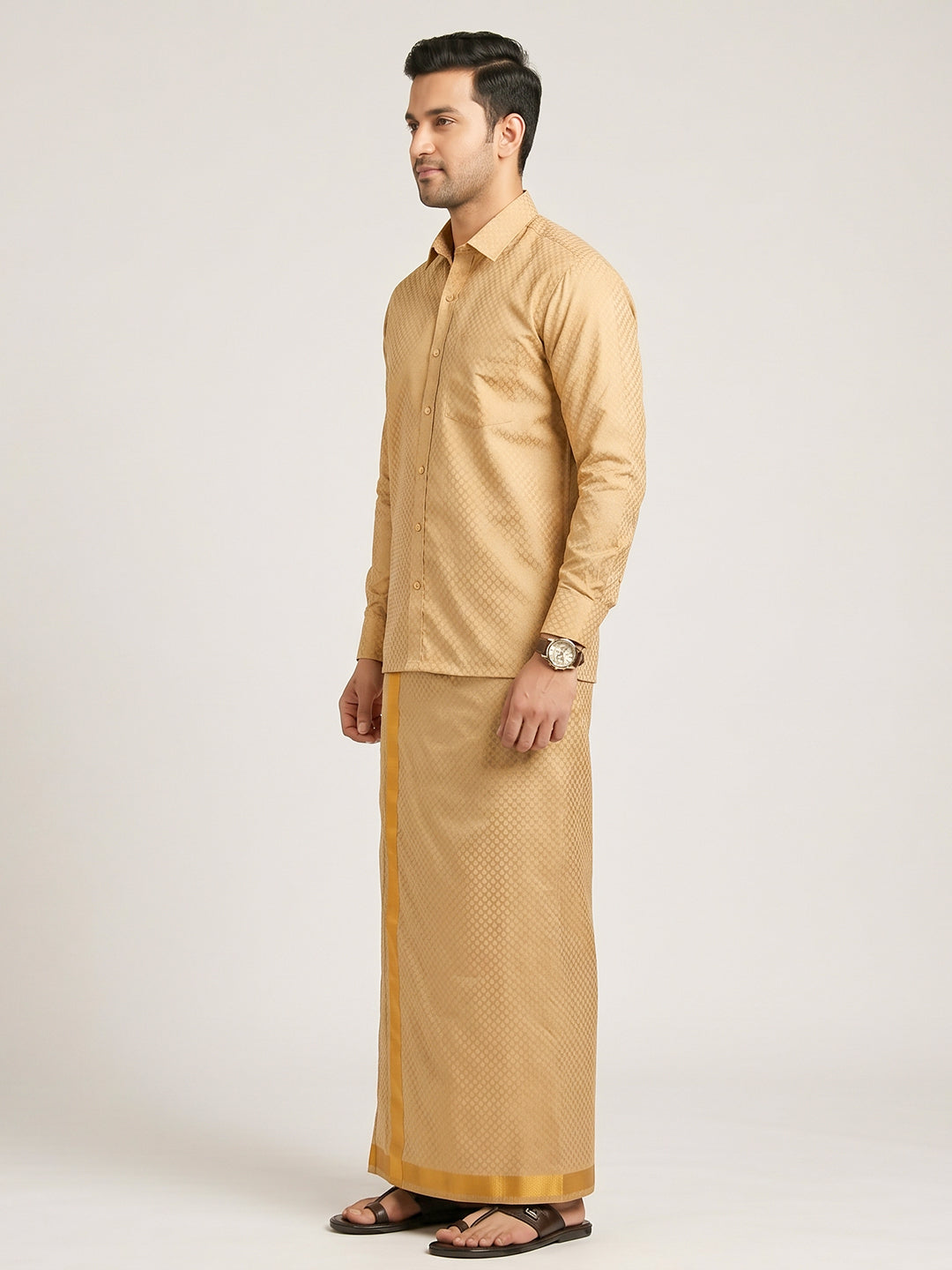 Men Gold Tissue Jacquard Shirt with Matching Dhoti Set GDP3