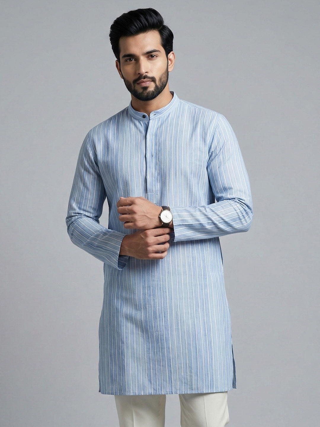 Men Cotton Medium Length Striped Pocket Kurta Light Blue RN53
