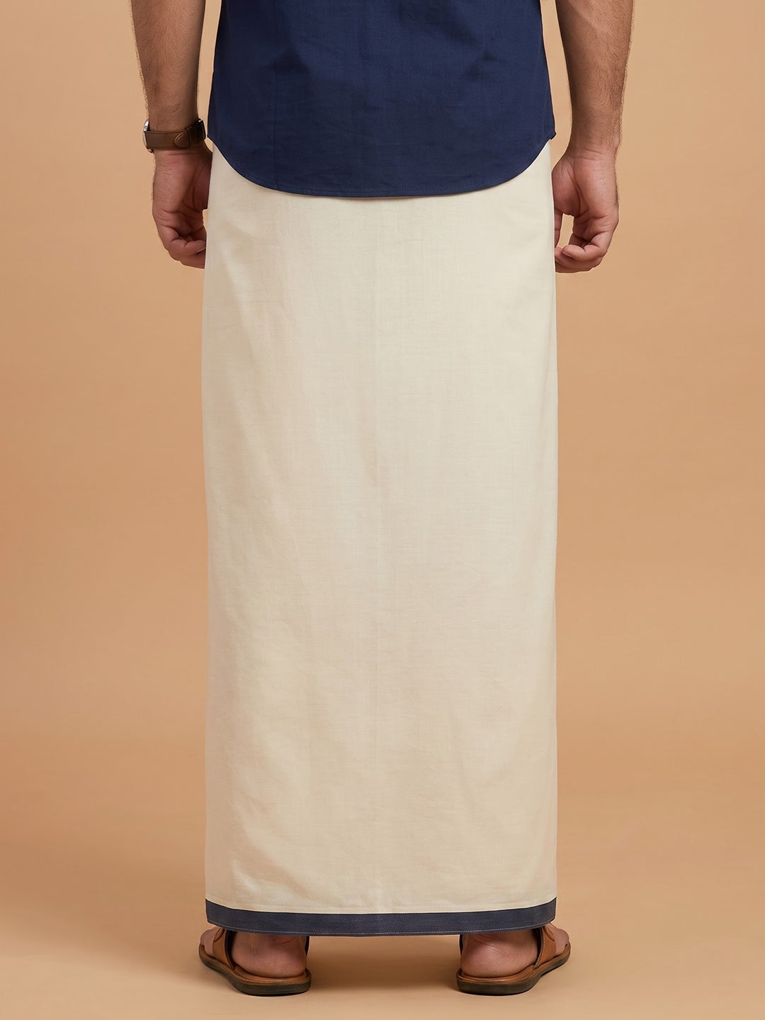 Double Layer 100% Cotton Cream Kora Dhoti with Colour Border - KJ02