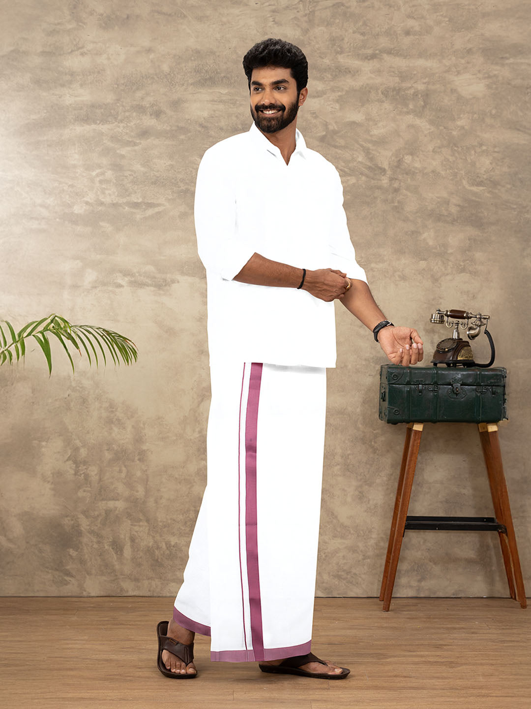 Men Cotton Blend Double Layer White Dhoti with Fancy Border TS02