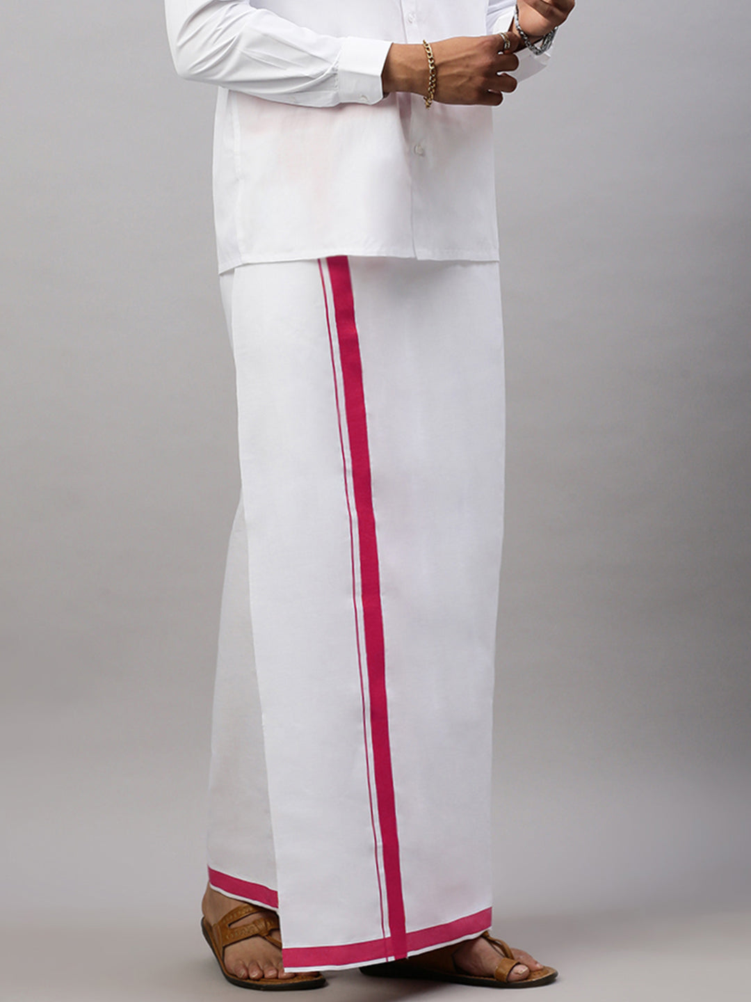 Men Dark Pink Border Single Layer White Dhoti Winner Spl WS21