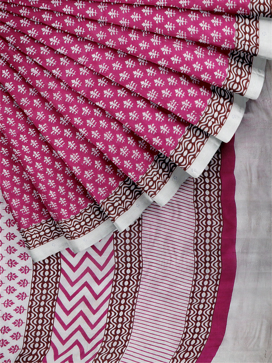 Womens Elegant Pink with Off White All over Printed Pure Cotton Saree PCS29