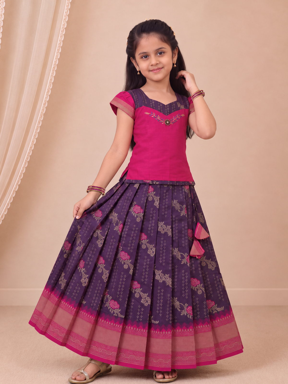Girls Art Silk Pink with Dark Purple Pattu Pavadai Set GPS75