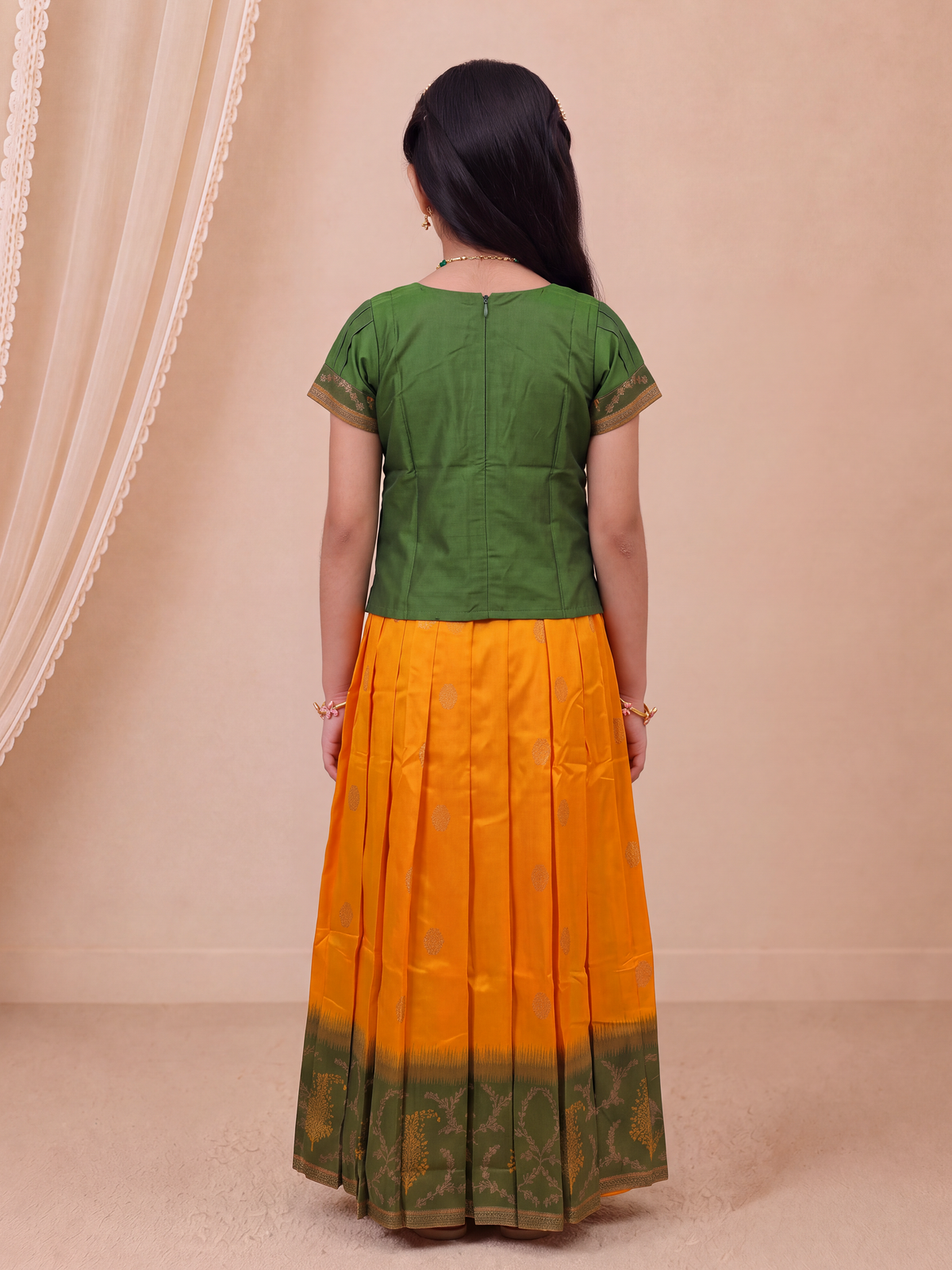 Girls Art Silk Green with Yellow Pattu Pavadai Set GPS79