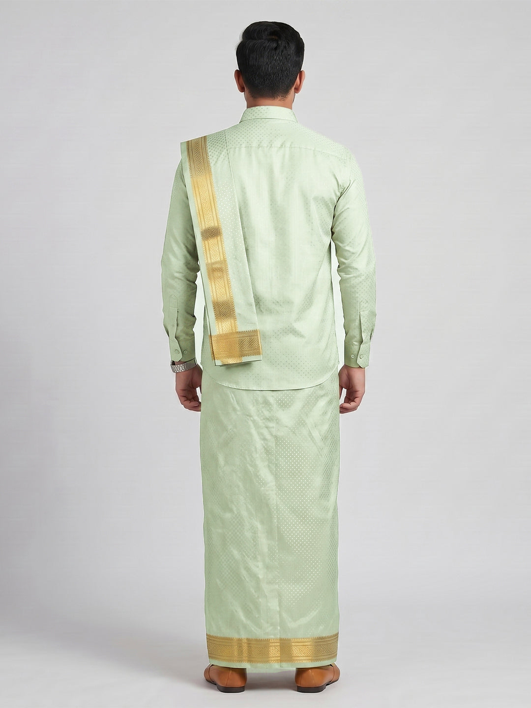Men Art Silk Jacquard Shirt Dhoti & Towel Set Marine Green Swayamvara Grand MGJD1