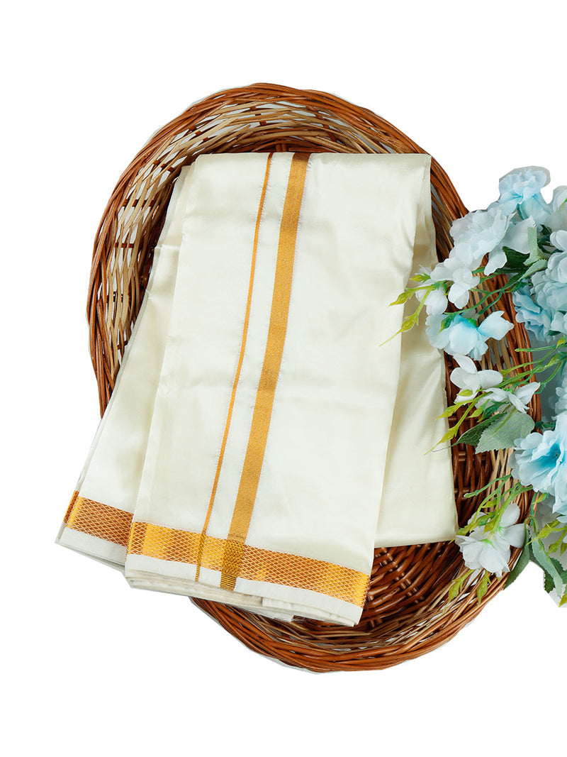 Mens Cream Double Dhoti with 3/4'' Gold Jari Border Iswaryam