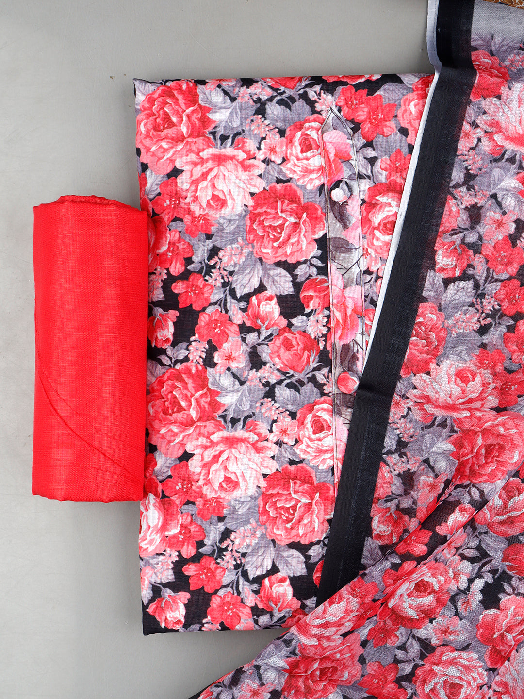 Women's Pink with Black Colour Flower Printed Semi Linen Unstitched Cotton Dress Material DM141