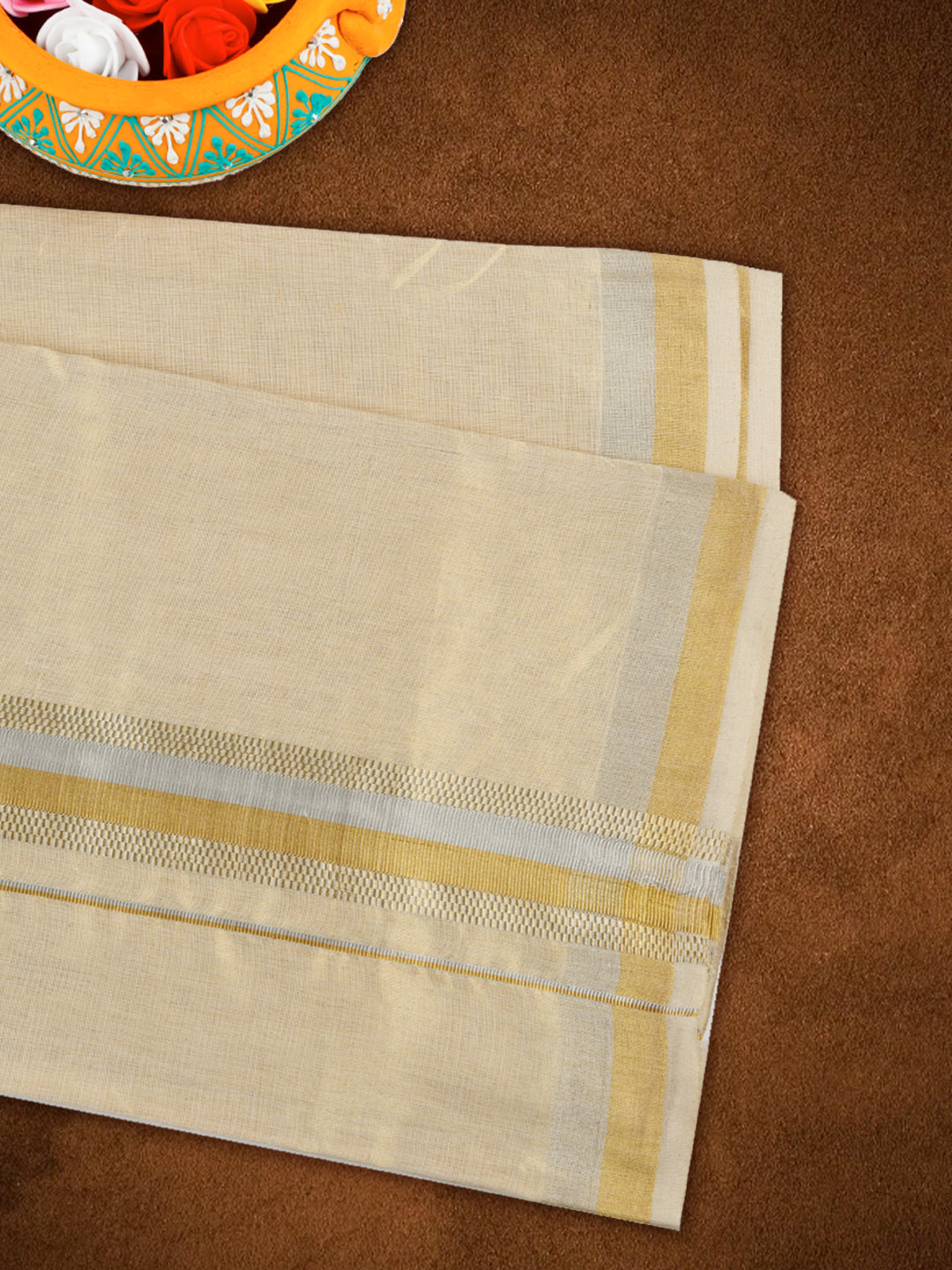 Mens Premium Handloom Tissue Double Dhoti with Gold & Silver Jari Border 110573