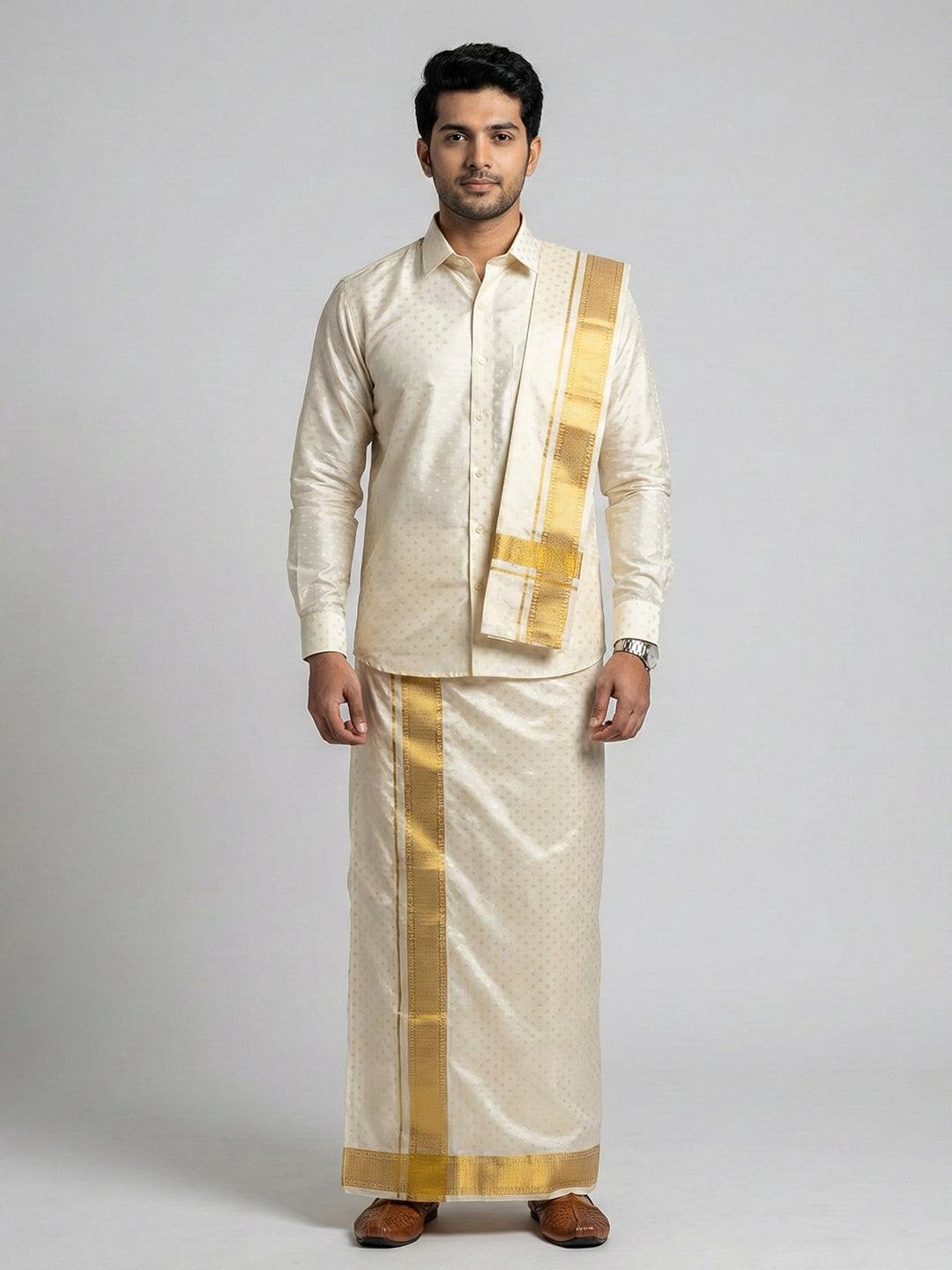 Men Art Silk Self Design Shirt with Readymade Dhoti & Towel Set Cream CRJD5