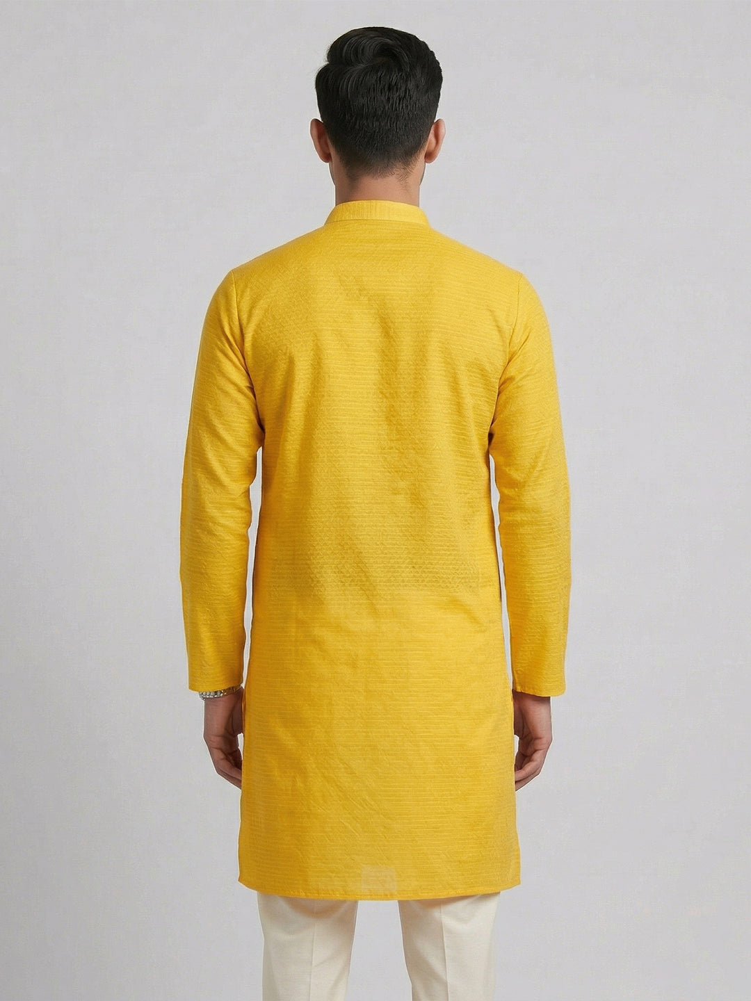 Cotton Medium Length Self Design Pocket Kurta Yellow D1