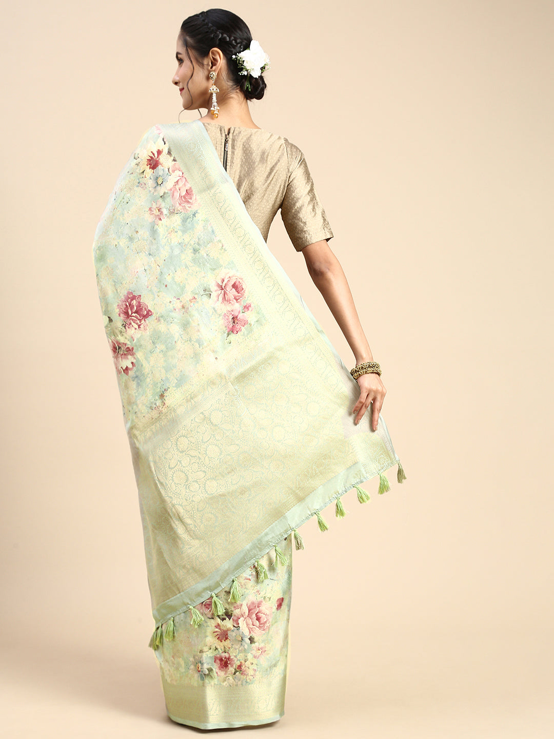 Women Light Green With Floral Printed Dola Semi Weaving Printed Saree DSP06-Back view