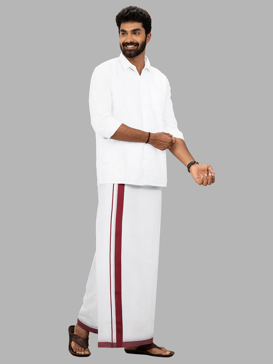 Men Maroon Fancy Border Double Layer White Dhoti SSS03