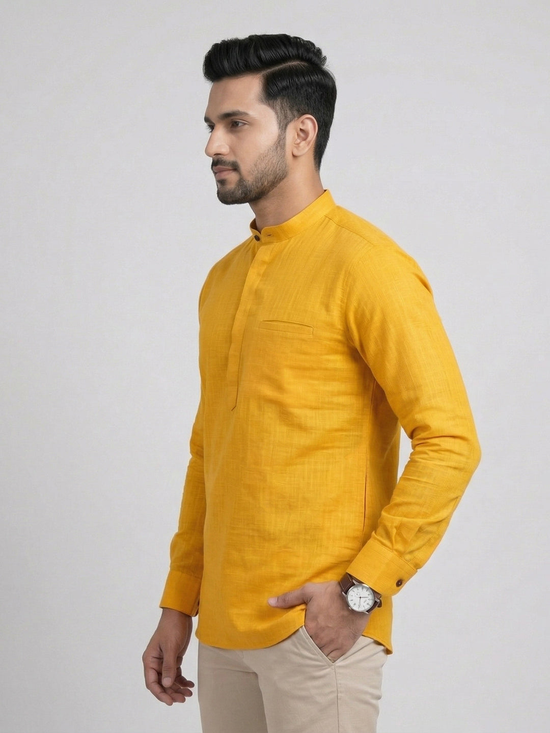 Cotton Short Length Self Design Pocket Kurta Mango Yellow Y28