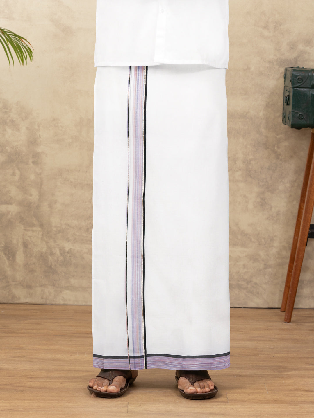 Men 100% Cotton Double Layer White Dhoti with Fancy Jari Border MJF06