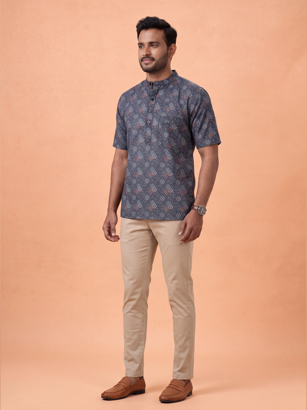 Cotton Short Length Printed Pocket Kurta Cadet Grey RI03