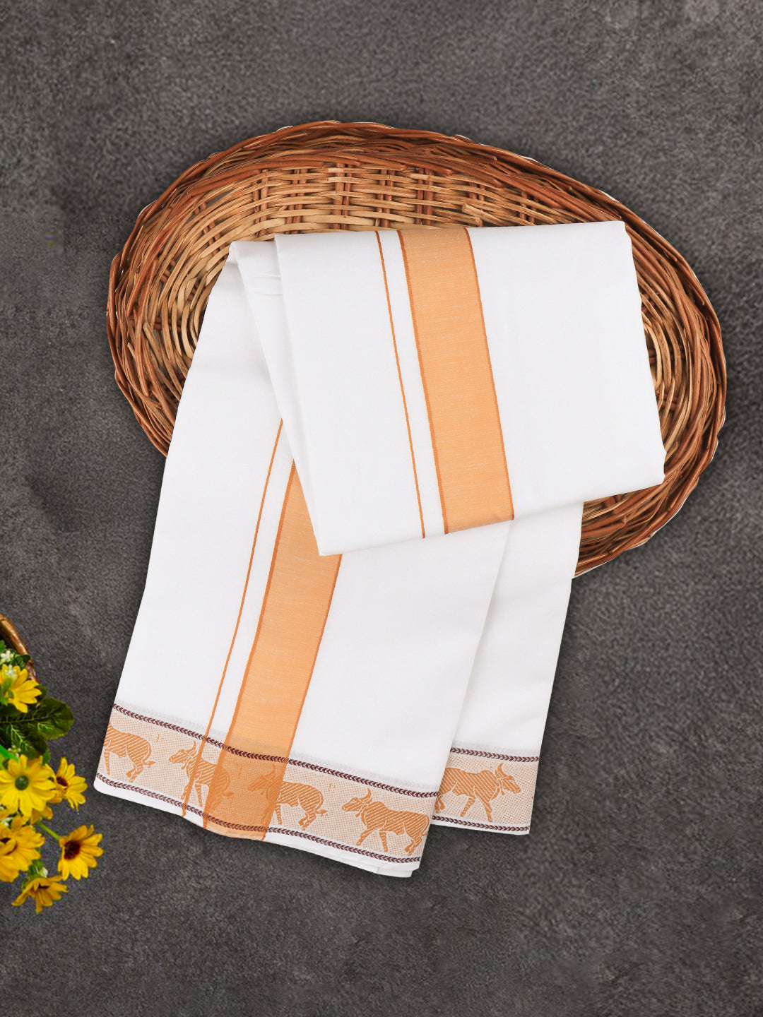Men Cotton Mustard Fancy Border Panchakacham with Angavasthram Srirasthu(9+5) SR51