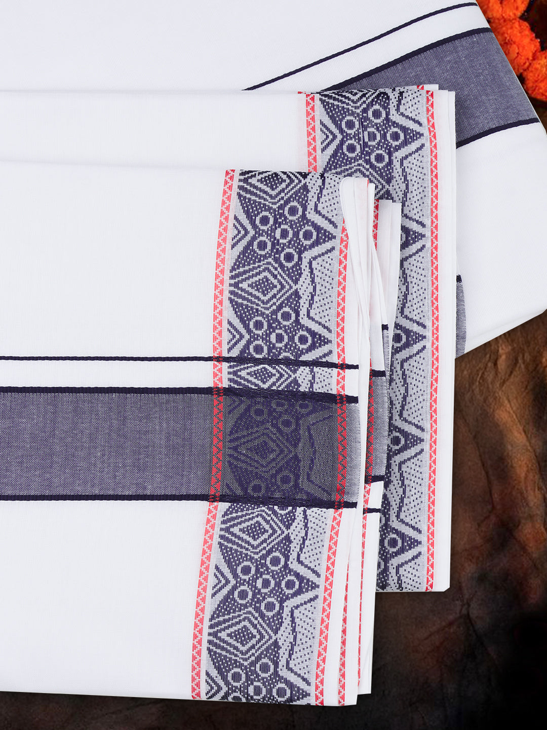 Men Cotton Navy Fancy Border Panchakacham with Angavasthram Srirasthu(9+5) SR42