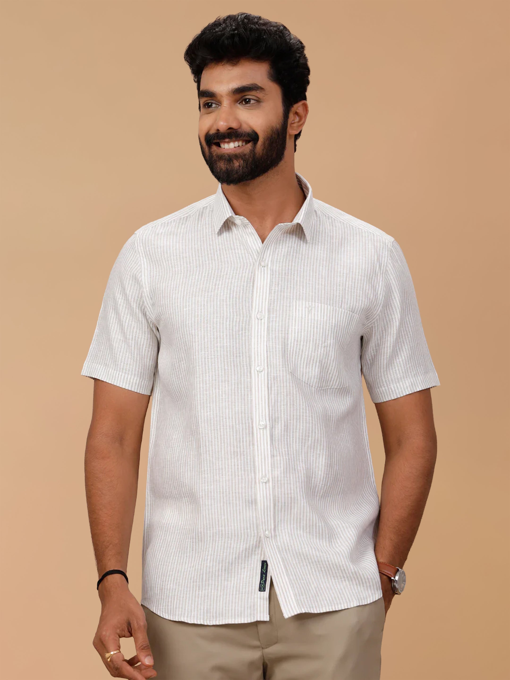 Pure Linen Timber Greeny Line Striped Smart Fit Shirt LS87