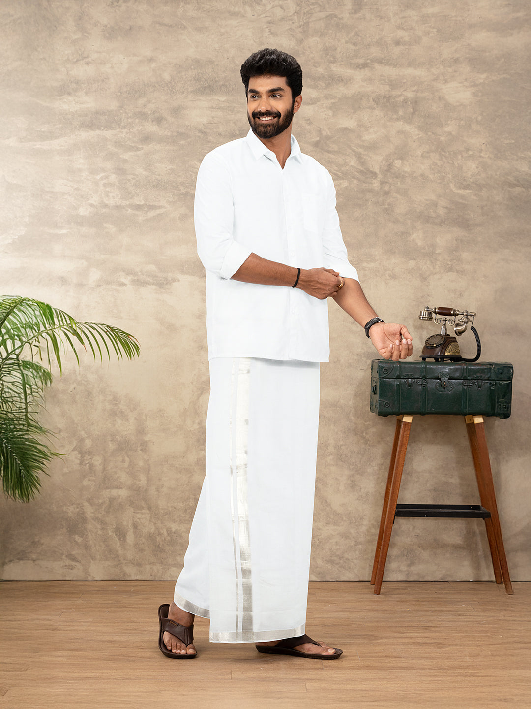 Men Pure Cotton Silver Jari Border Double Dhoti Silver Coin