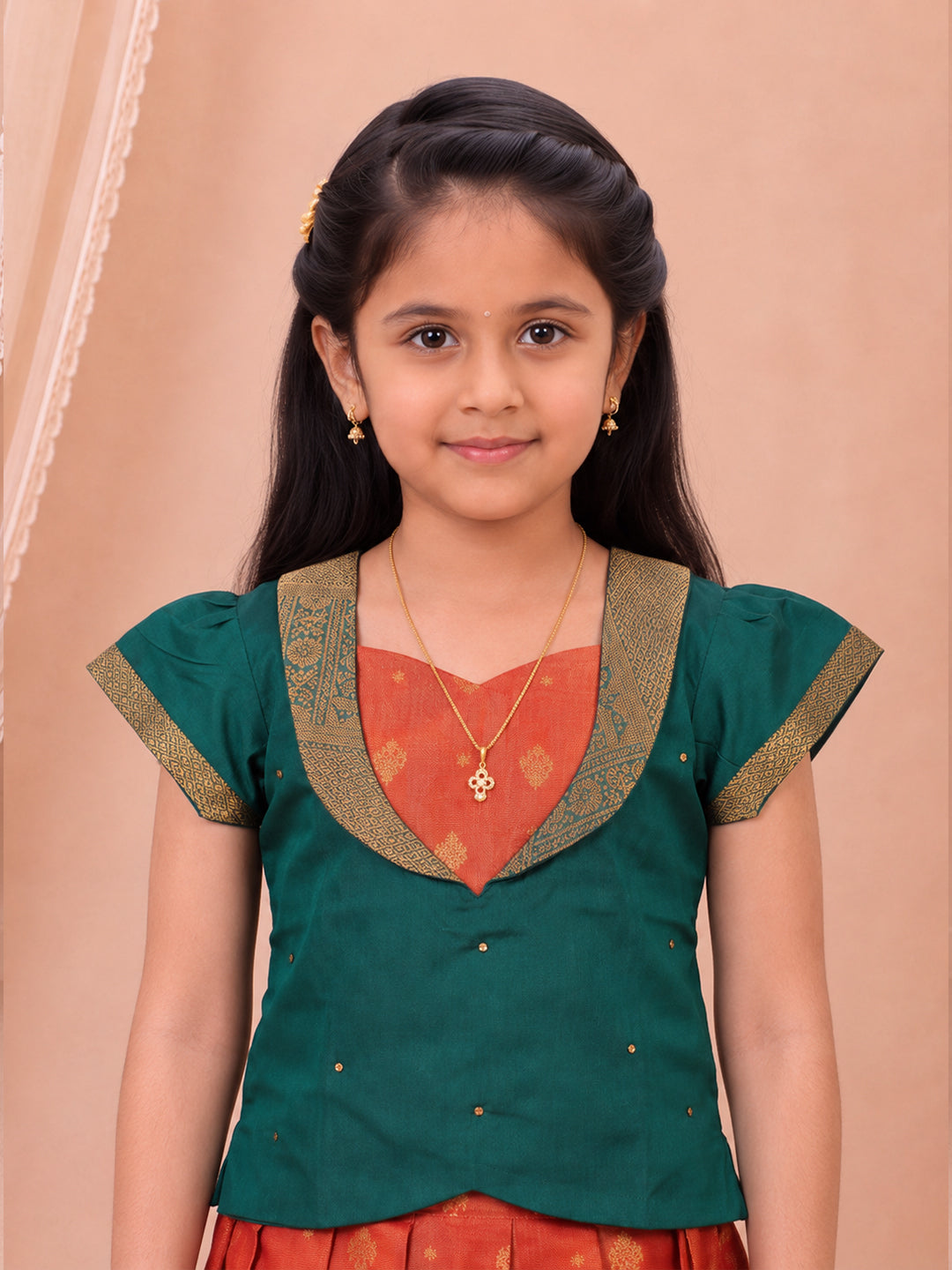 Girls Tissue Teal Green with Coral Pink Pattu Pavadai Set GPS67