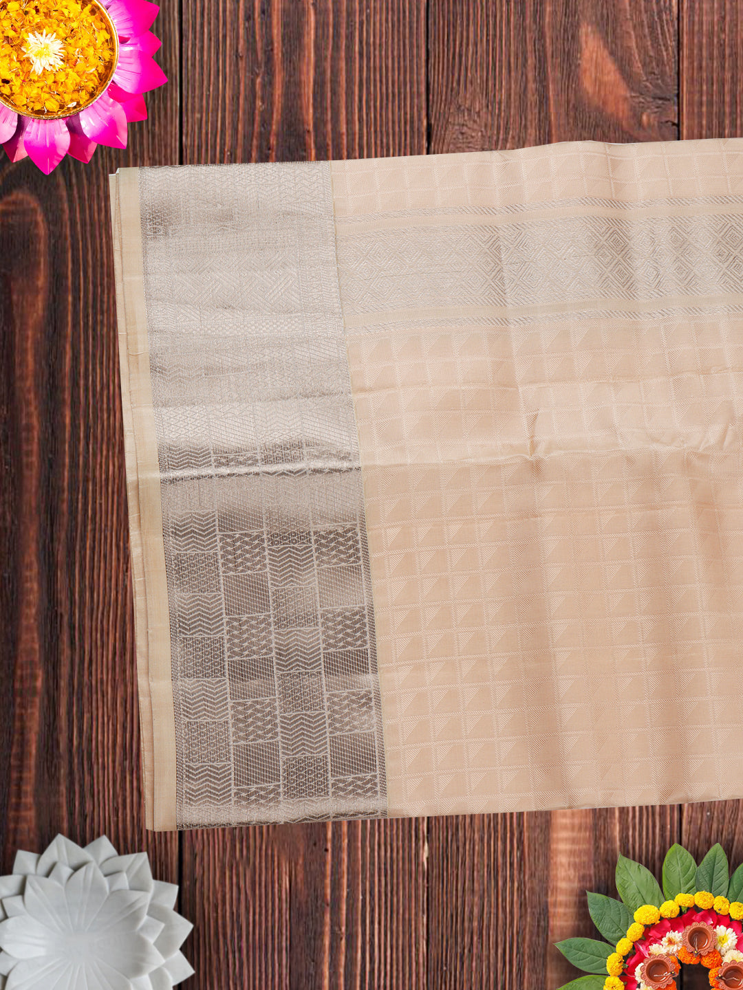 Pure Silk Light Copper Colour 4" Silver Jari Border Dhoti With Towel Thirukalyan-View five