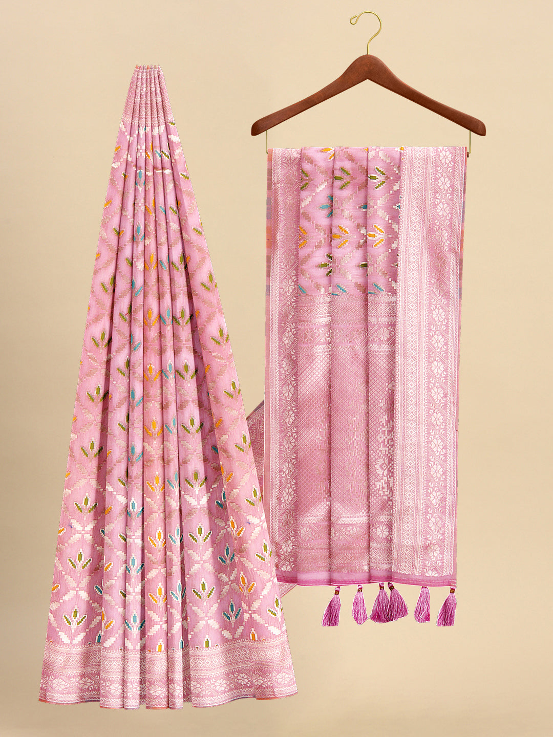 Semi Linen Weaving Embossed Pink Colour Saree  SL100