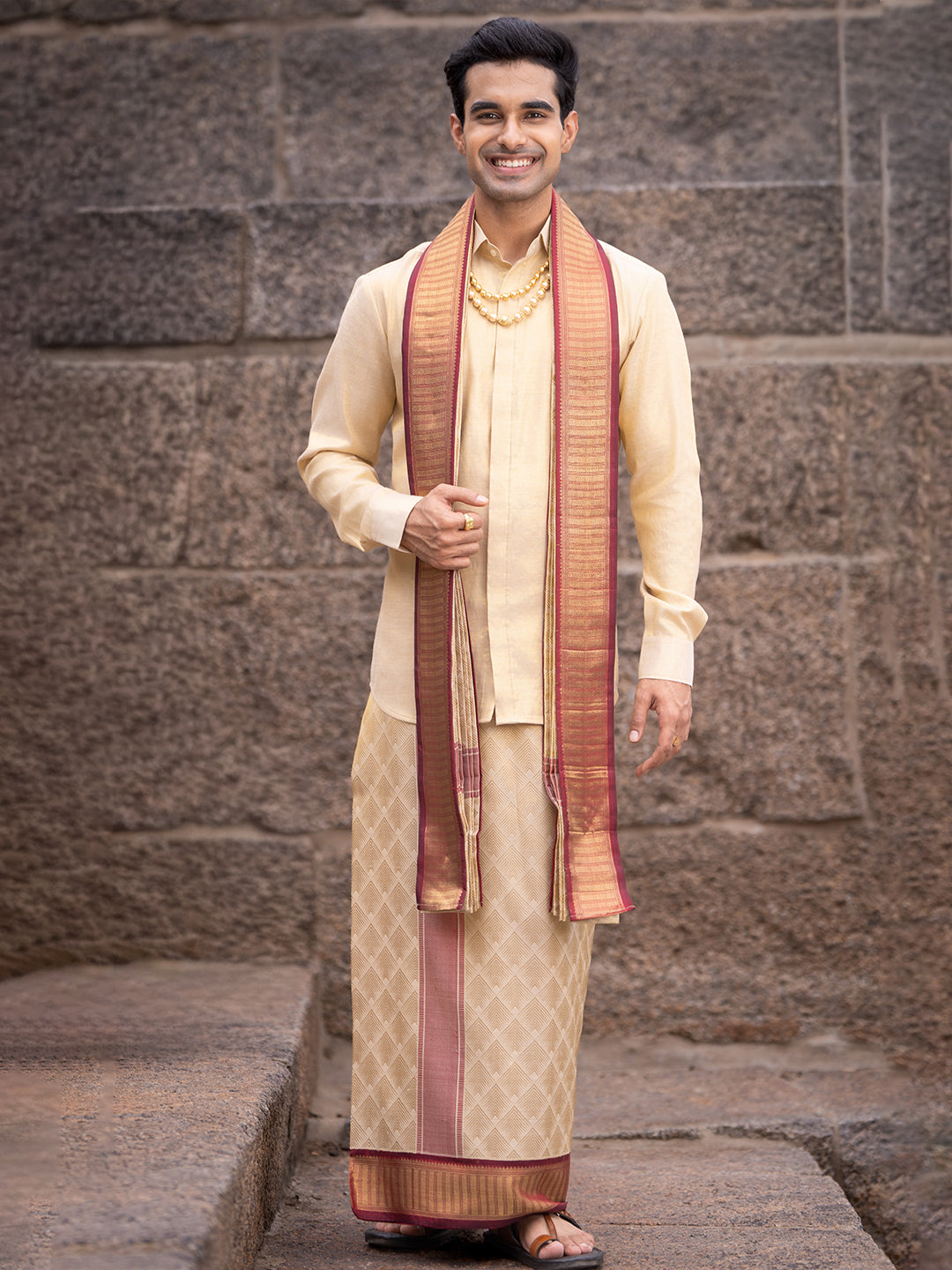 Pure Silk 4½" Fawn Dhoti & Towel Set – Amirtham Korvai Jari Self-Weaving Design