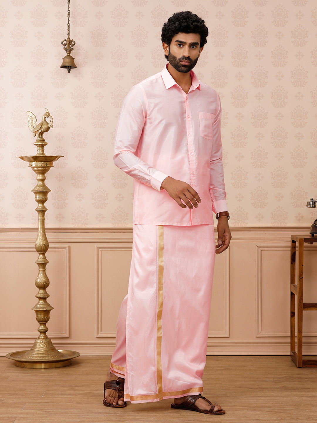 Men Art Silk Petal Pink Shirt & Dhoti Set Swayamvara