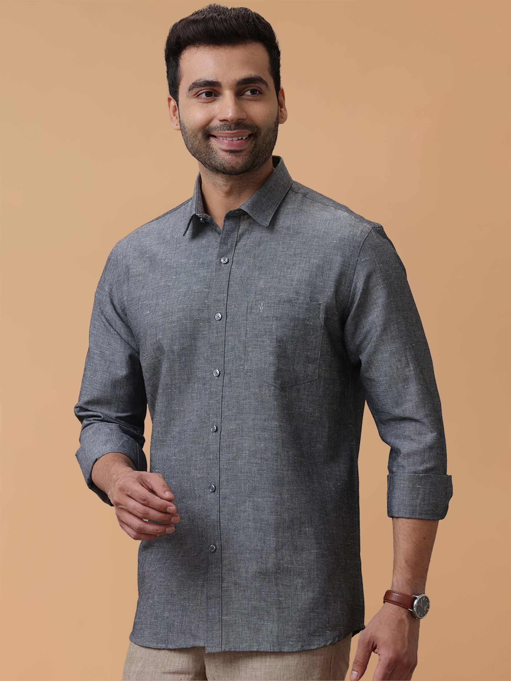 Linen Cotton Grey Regular Fit Shirt LF7