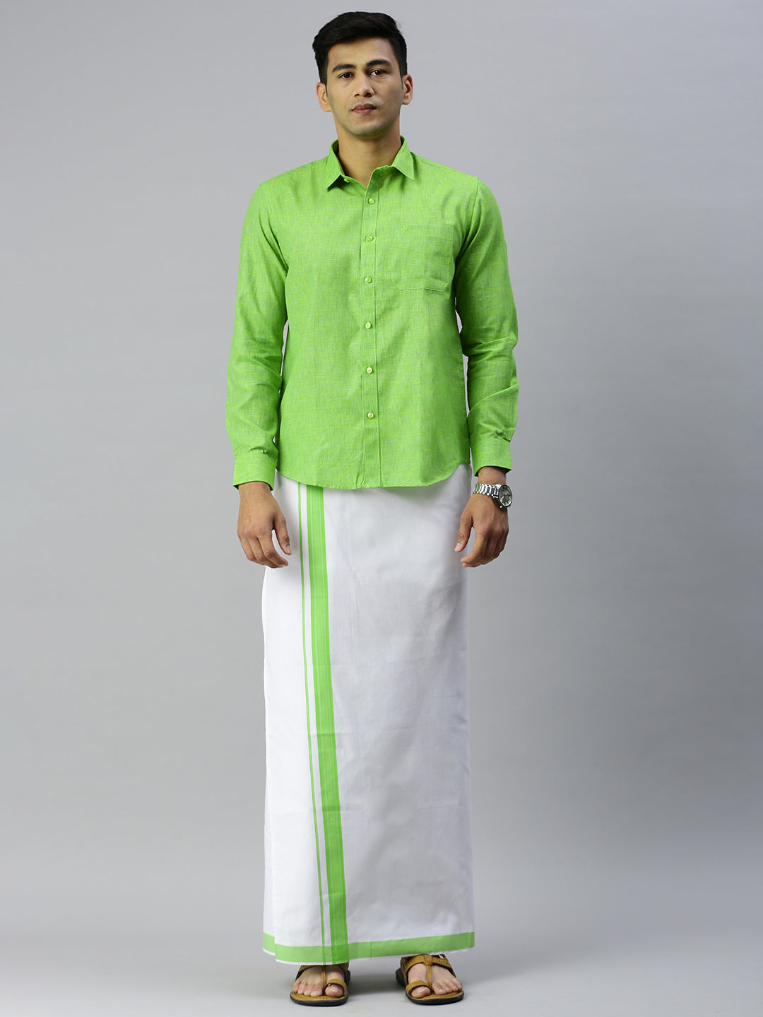 Mens Matching Border Adjustable Dhoti & Full Sleeves Shirt Set Green CC6