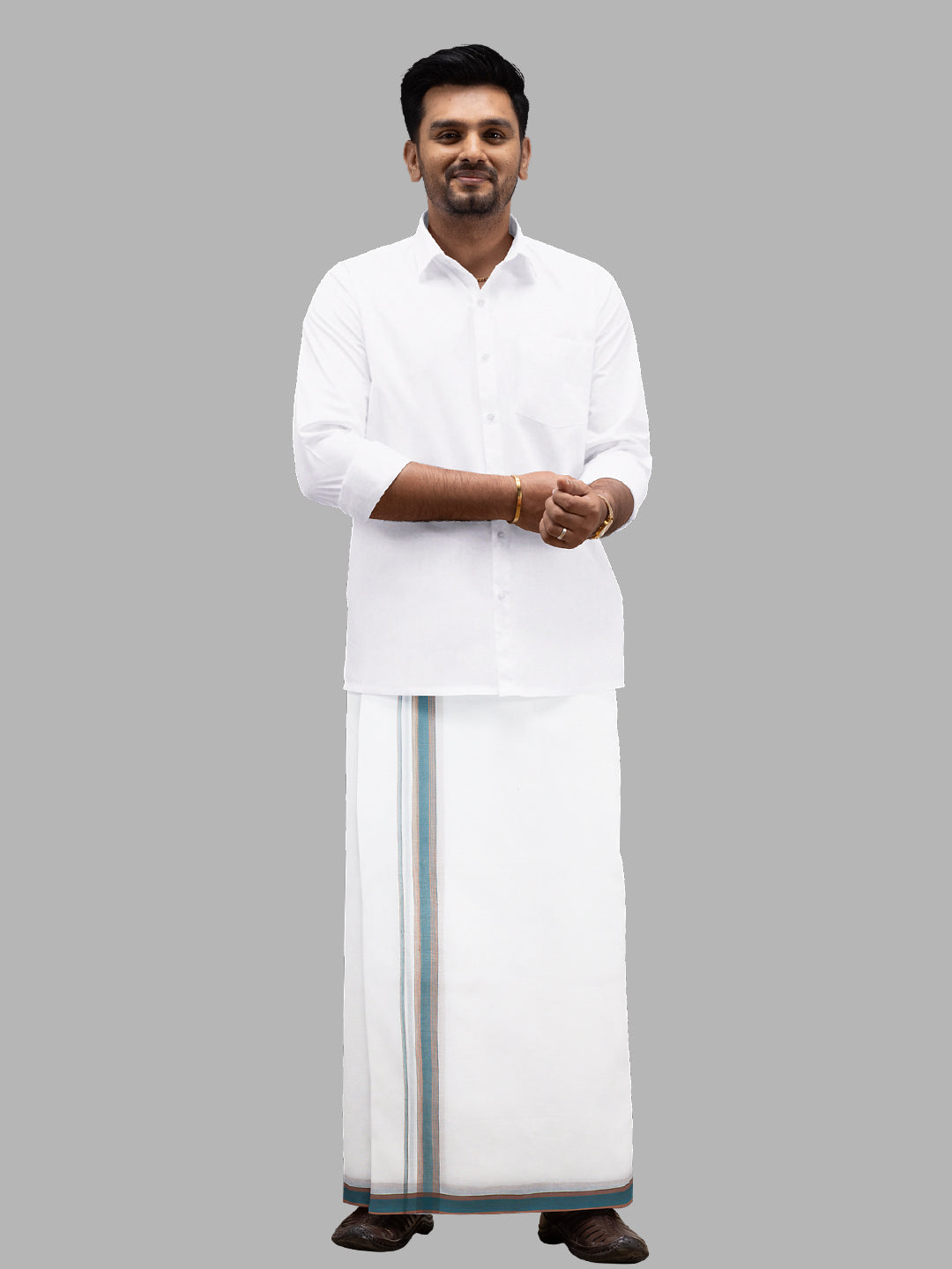 Men Green Fancy Border Double Layer White Dhoti RVS03