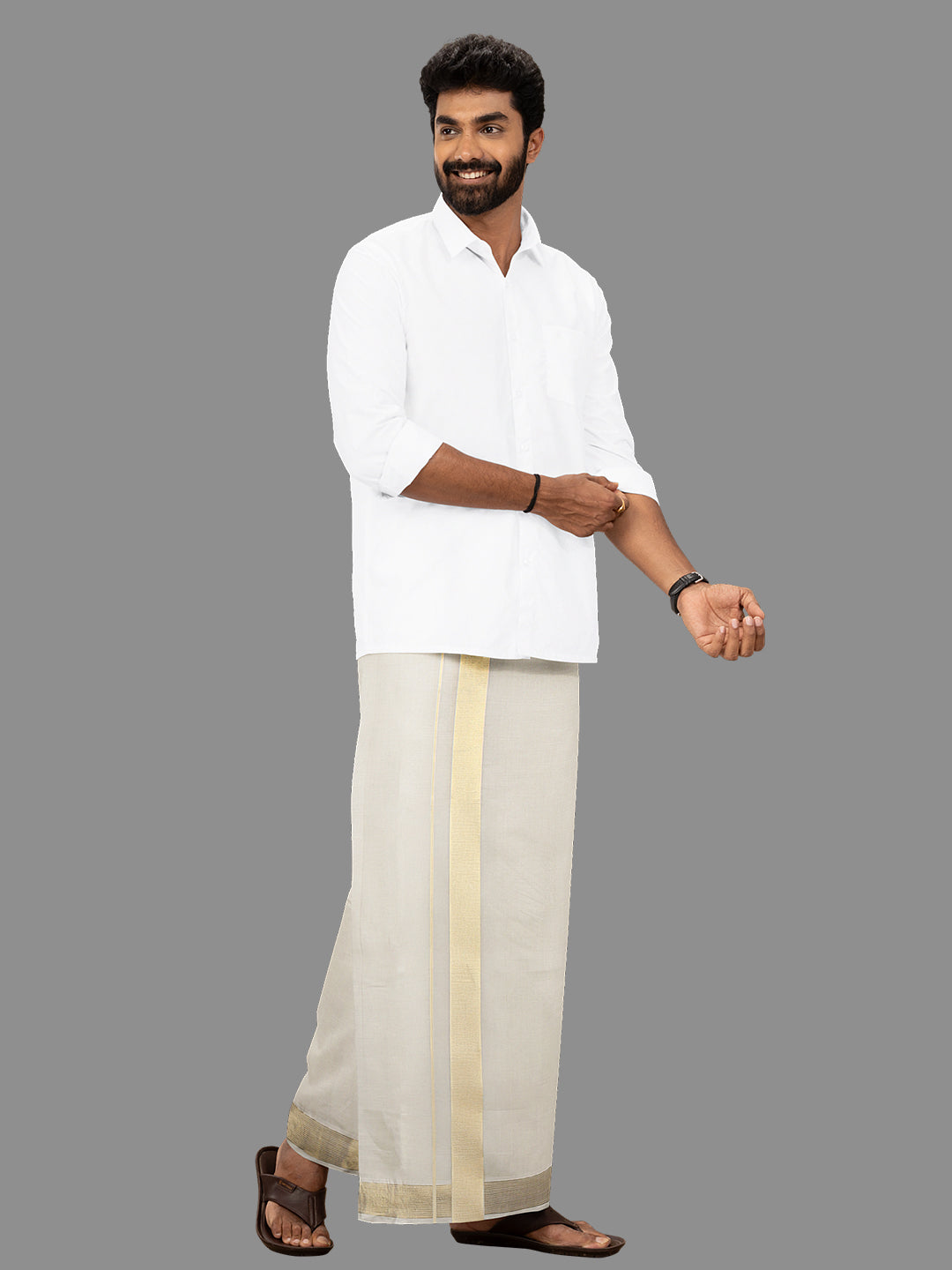 Mens Kora Double Dhoti Gold Jari Border Gold Crown 5435 GC02