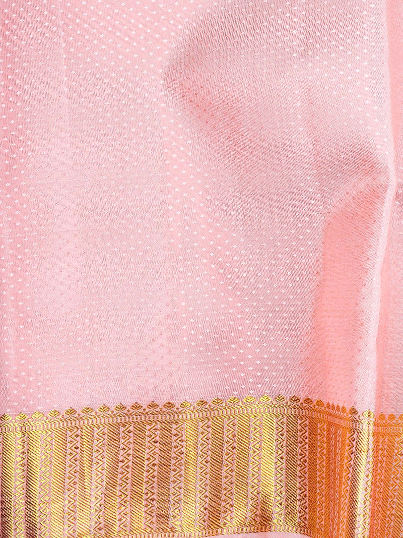 Premium Pure Silk Embossed Pink Dhoti With Angavastram 3 1/2" Gold Jari Border Agarshanaa