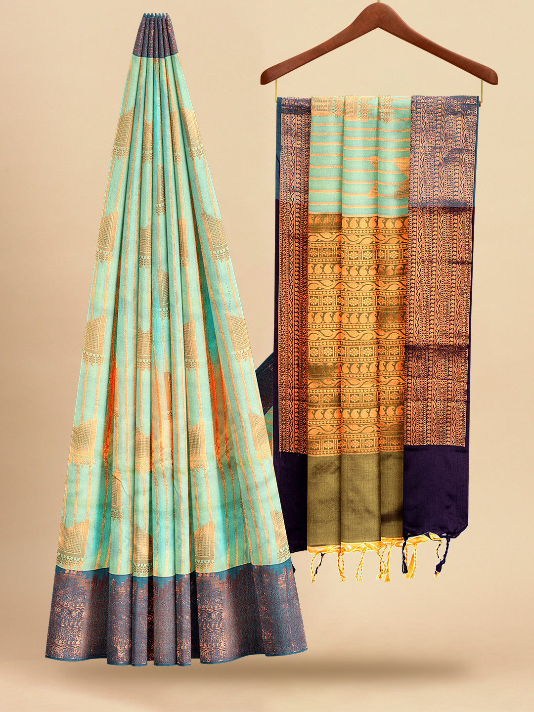 Women Green with Blue Colour Stylish Art Silk Fancy Jari Border Saree SS113