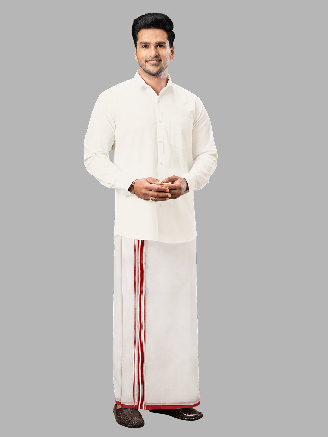 Men Red Fancy Border Double Layer White Dhoti RF02