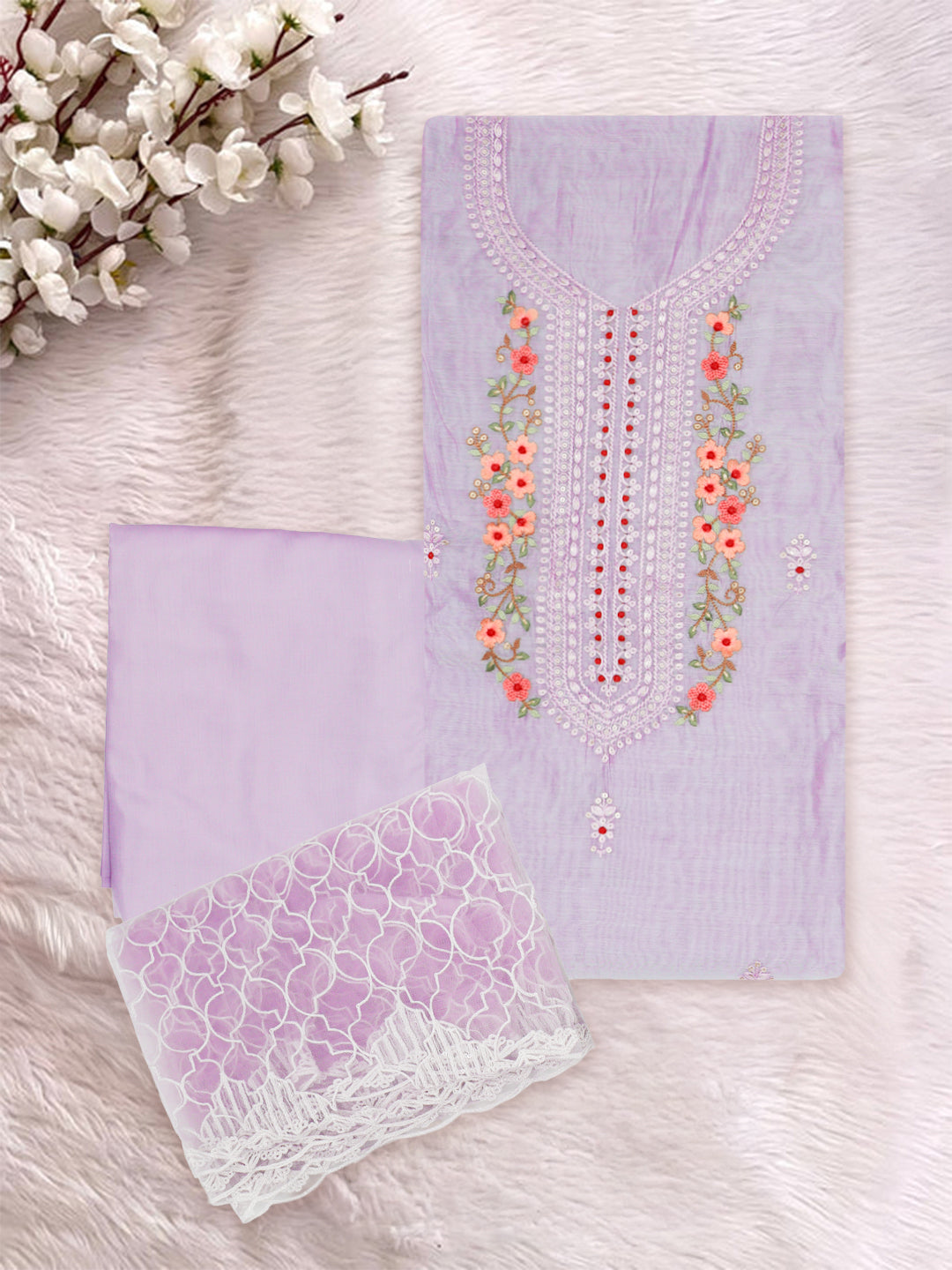 Women Cotton Embroidered Dress Material Violet DM358