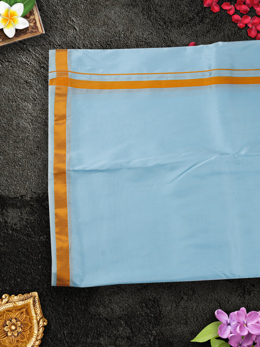 Mens Premium Art Silk Sky Blue Shirting & Gold Jari Border Panchakacham Set 9+5 Ashirwath-View five