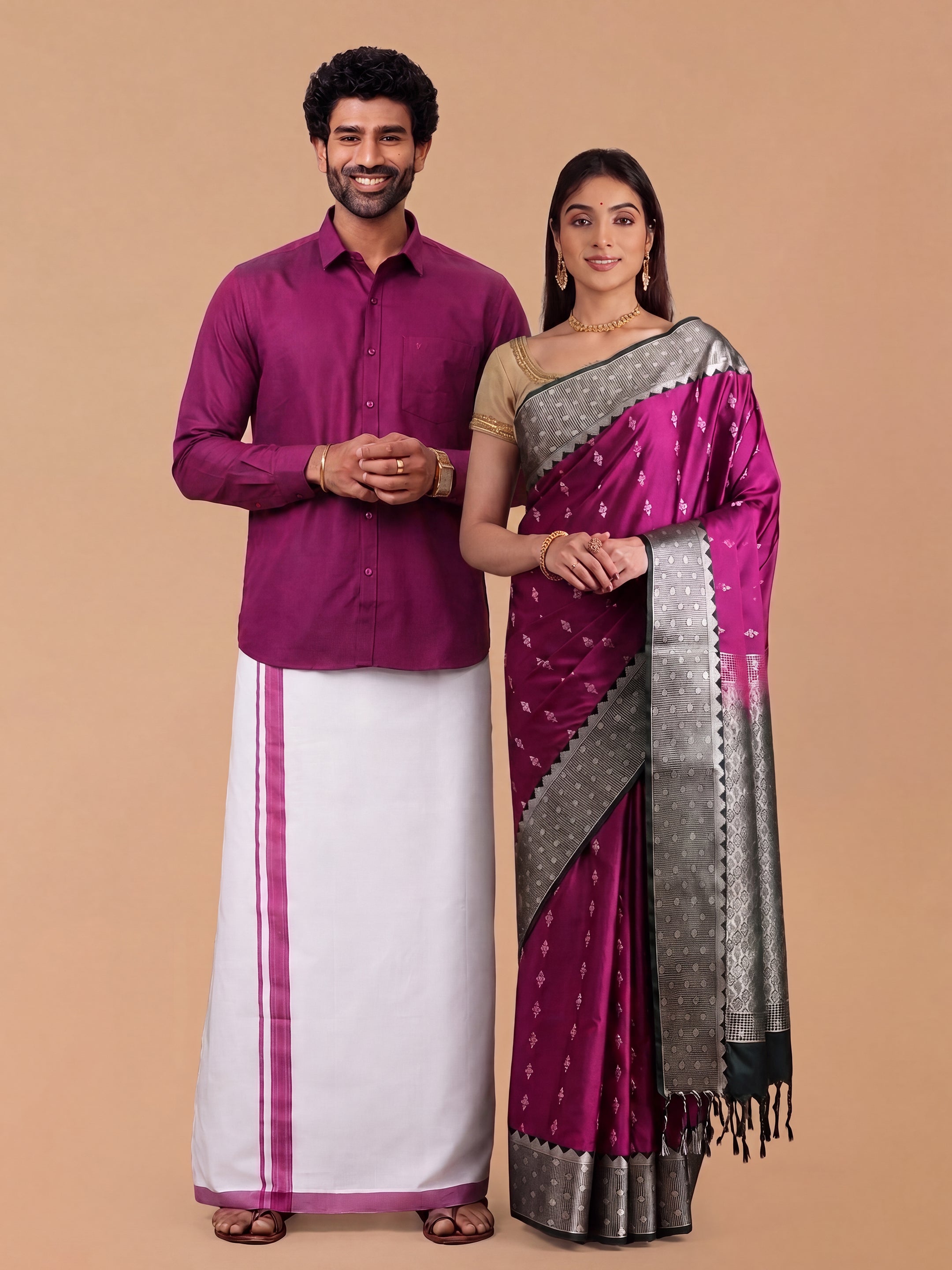 Couple Combo Shirt & Dhoti Set with Saree Magenta SS411