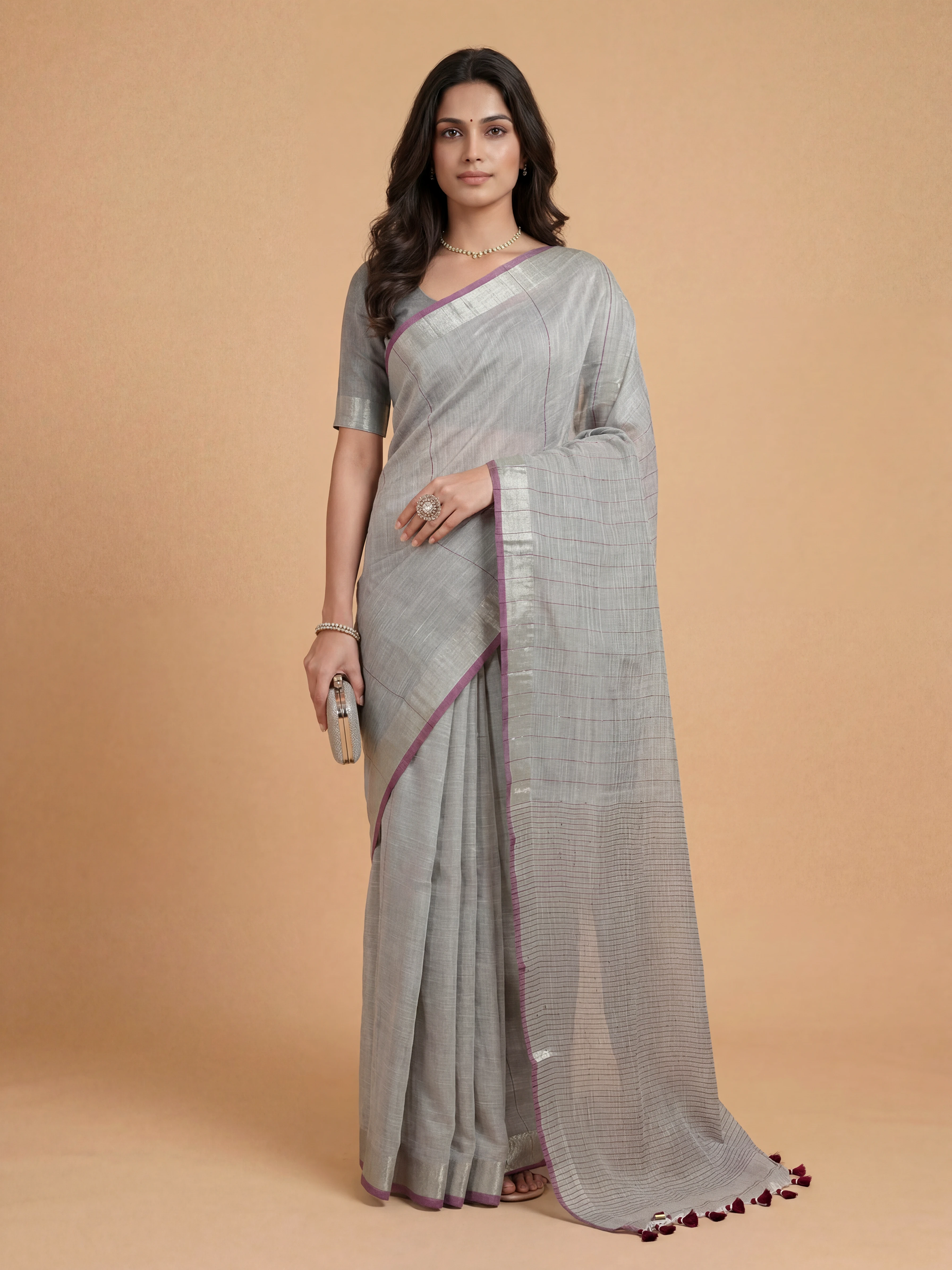 Women Semi Linen Grey Saree SL255