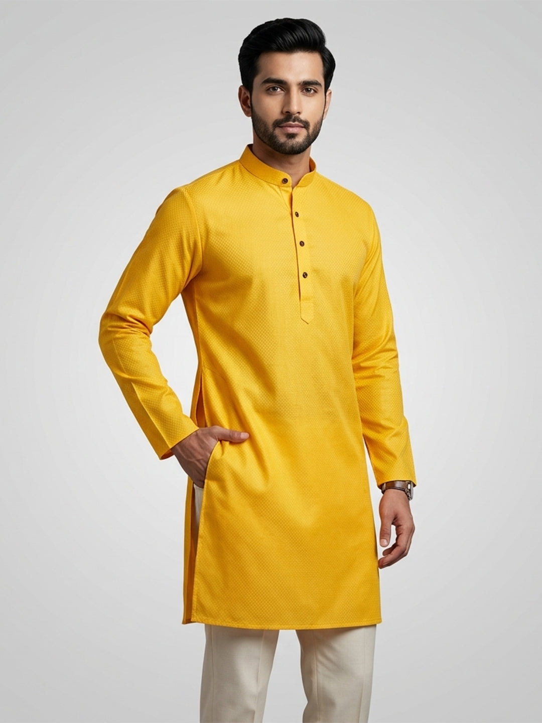 Men Cotton Medium Length Printed Pocket Kurta Yellow MHJ9