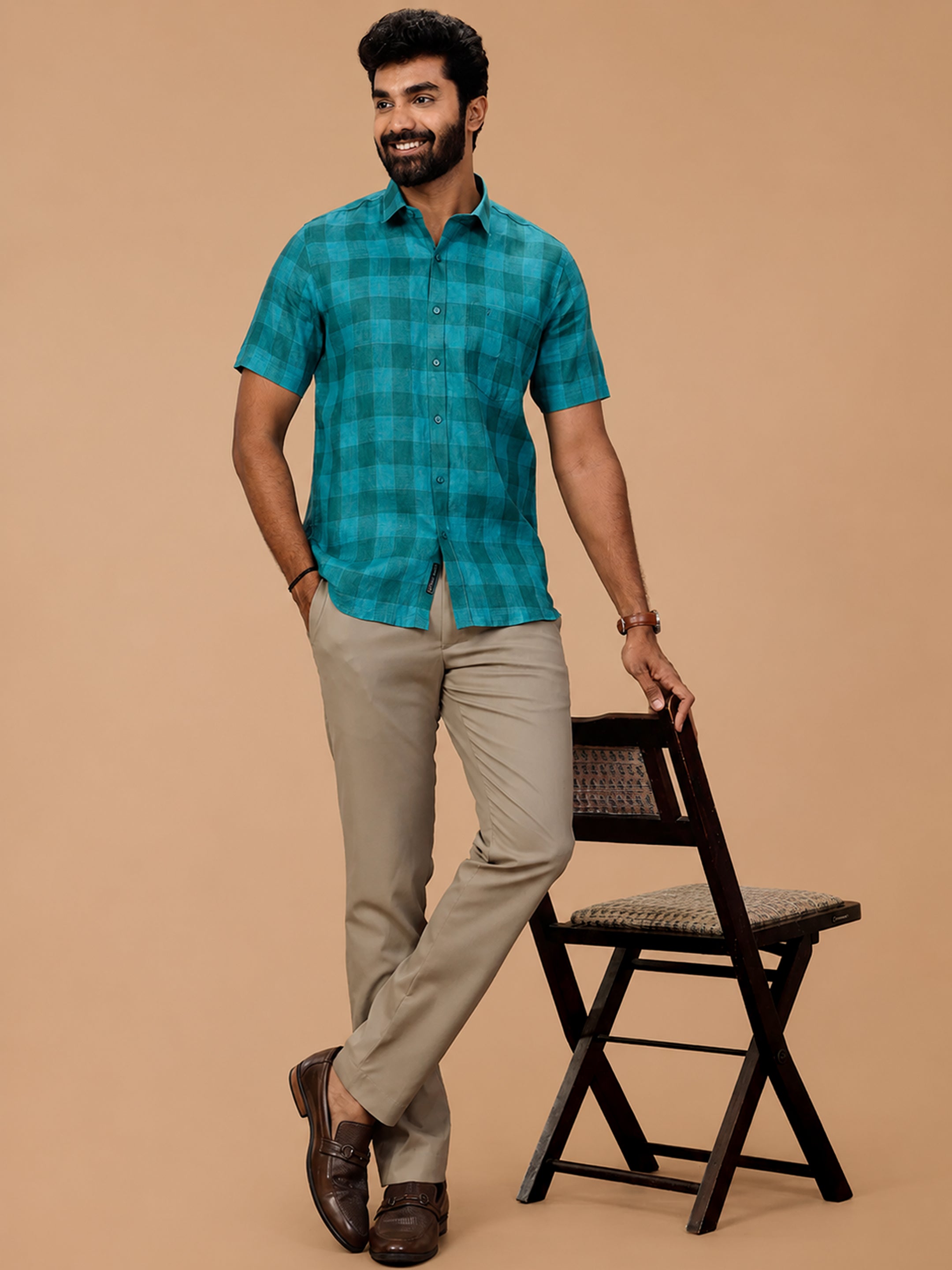 Pure Linen Big Checked Green Smart Fit Shirt LS78