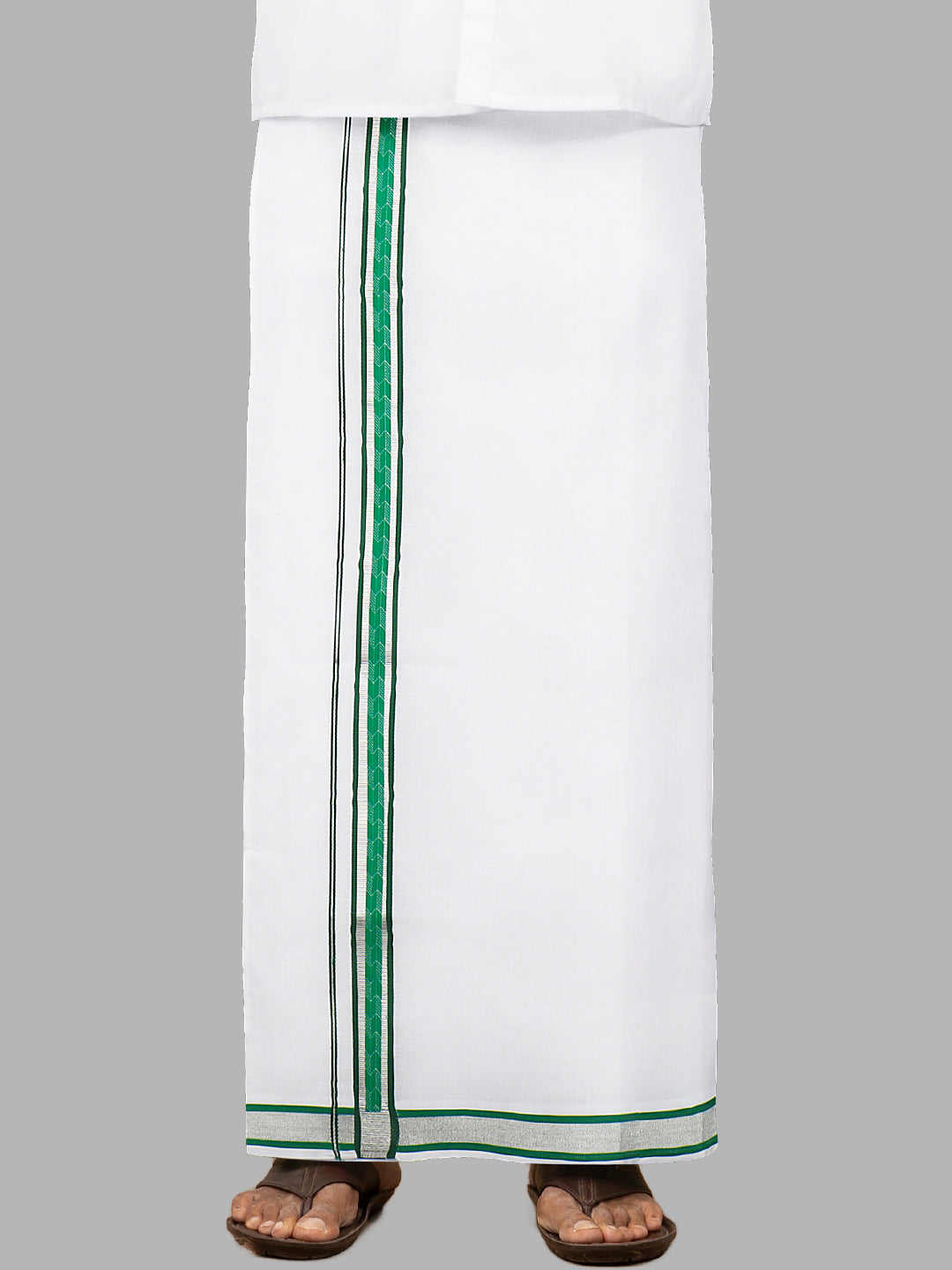 Men Green Fancy Jari Border Single Layer White Dhoti LW01