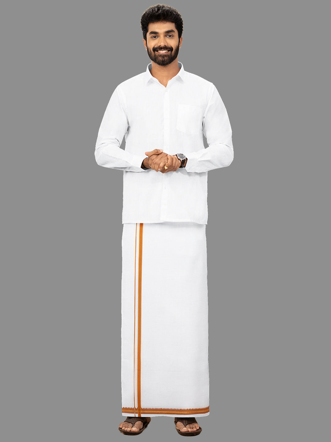 Men Orange Fancy Border Single Dhoti Fancy Pet FP01