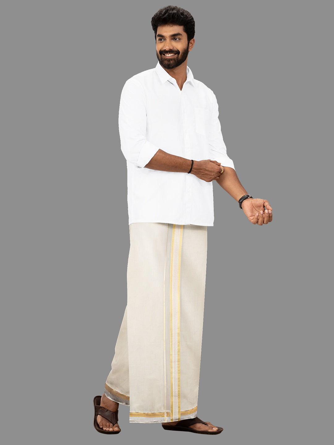 Mens Kora Double Dhoti Gold Jari Border Gold Crown 5435 GC01