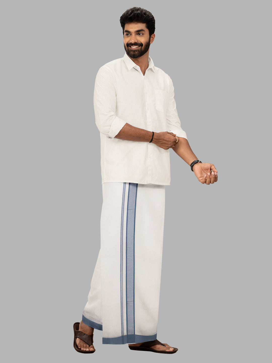 Men LightBlue Fancy Border Double Layer White Dhoti RP5