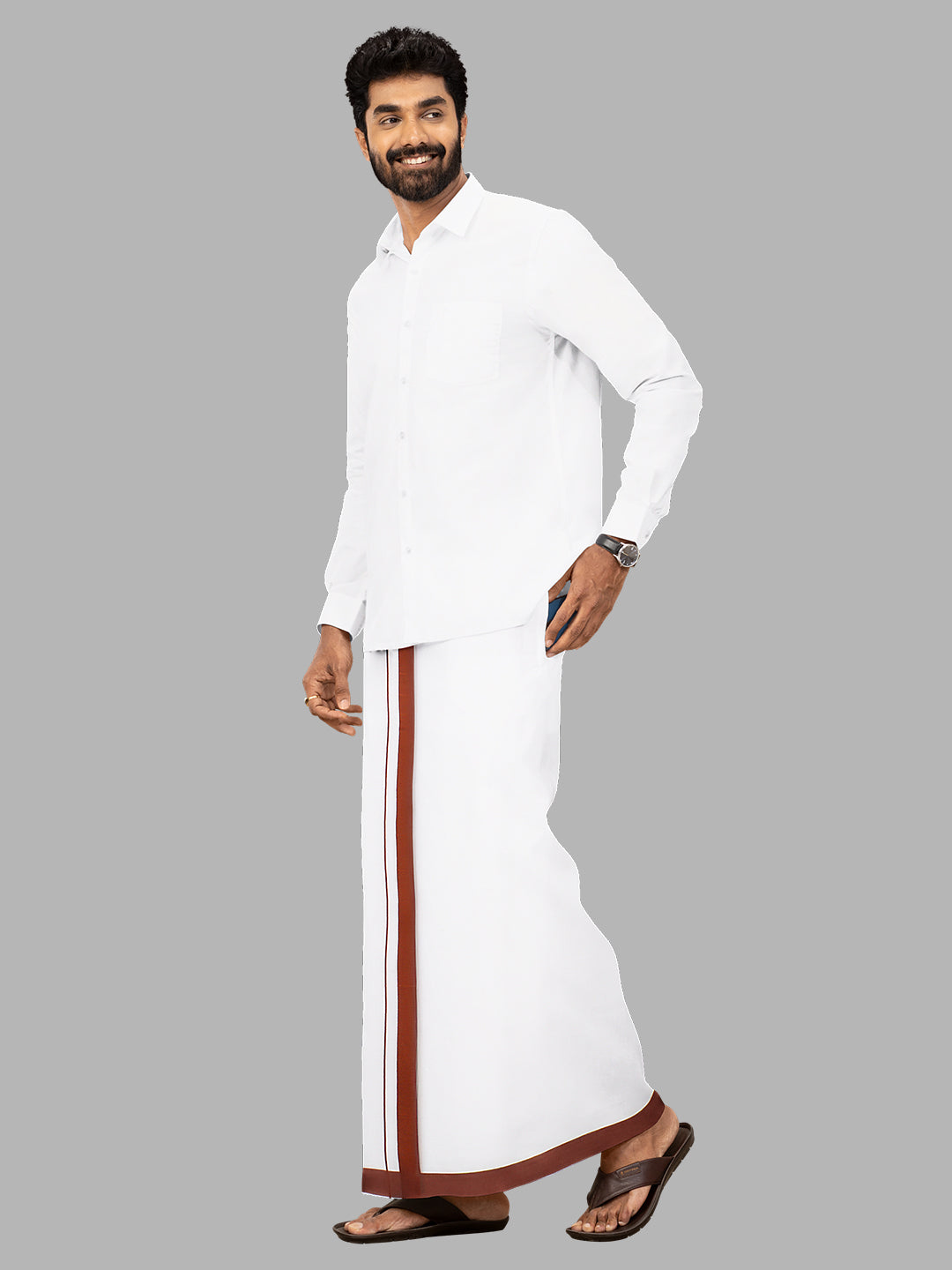 Men Brown Border Single Layer Adjustable Pocket Dhoti GACS8